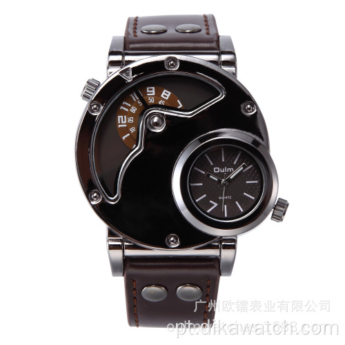 Marca OULM moda dupla fuso horário casual couro relógio esportivo elegante Big Dial Relógios de pulso masculinos Punk Cool Relógios de pulso masculinos